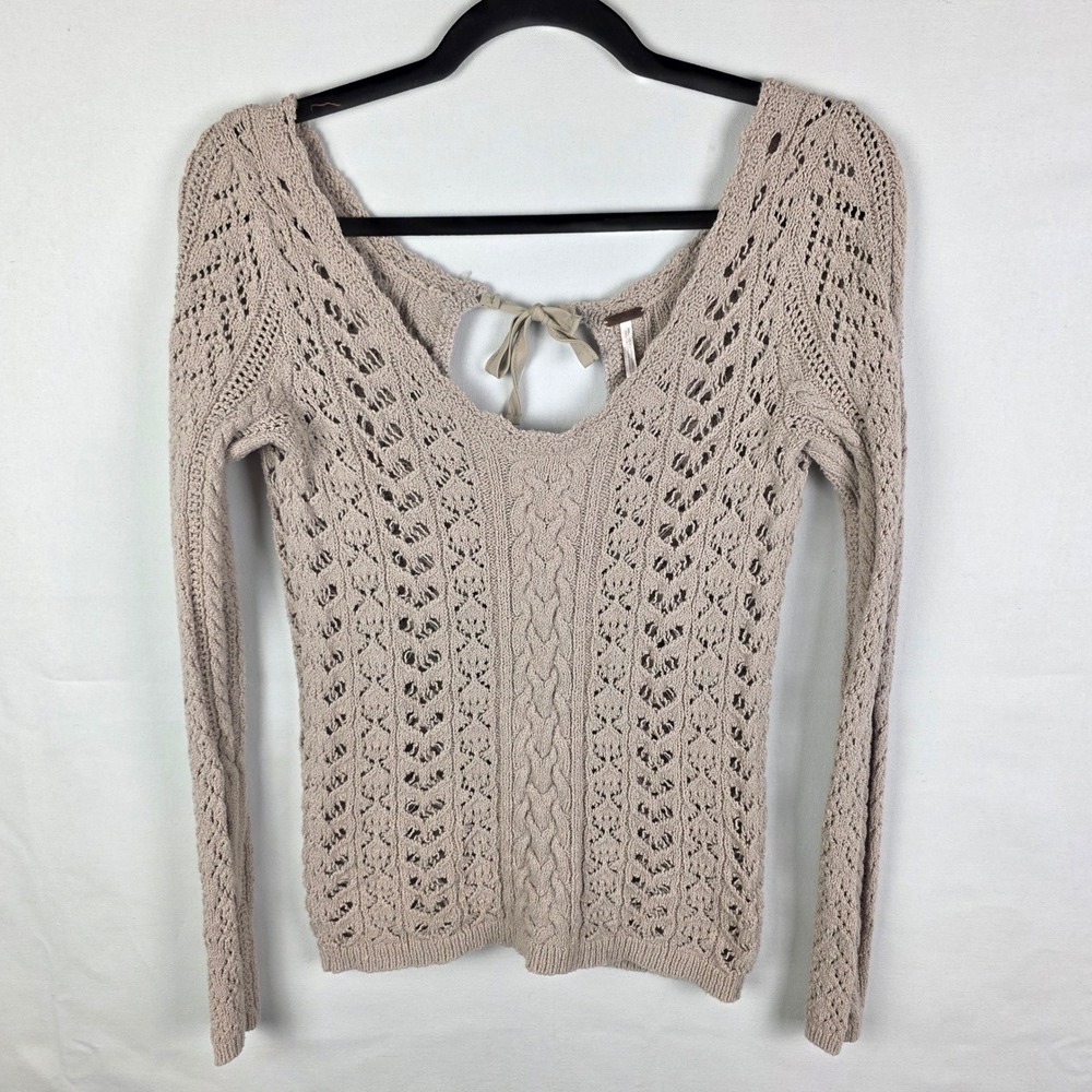 Free People Open Back Tie Knit Sweater Taupe Pointelle Cable Crochet‎ Womens M